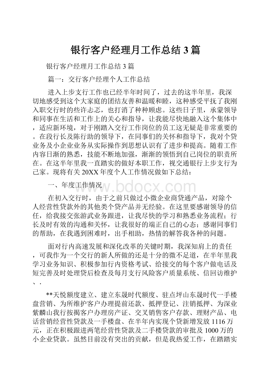 银行客户经理月工作总结3篇.docx