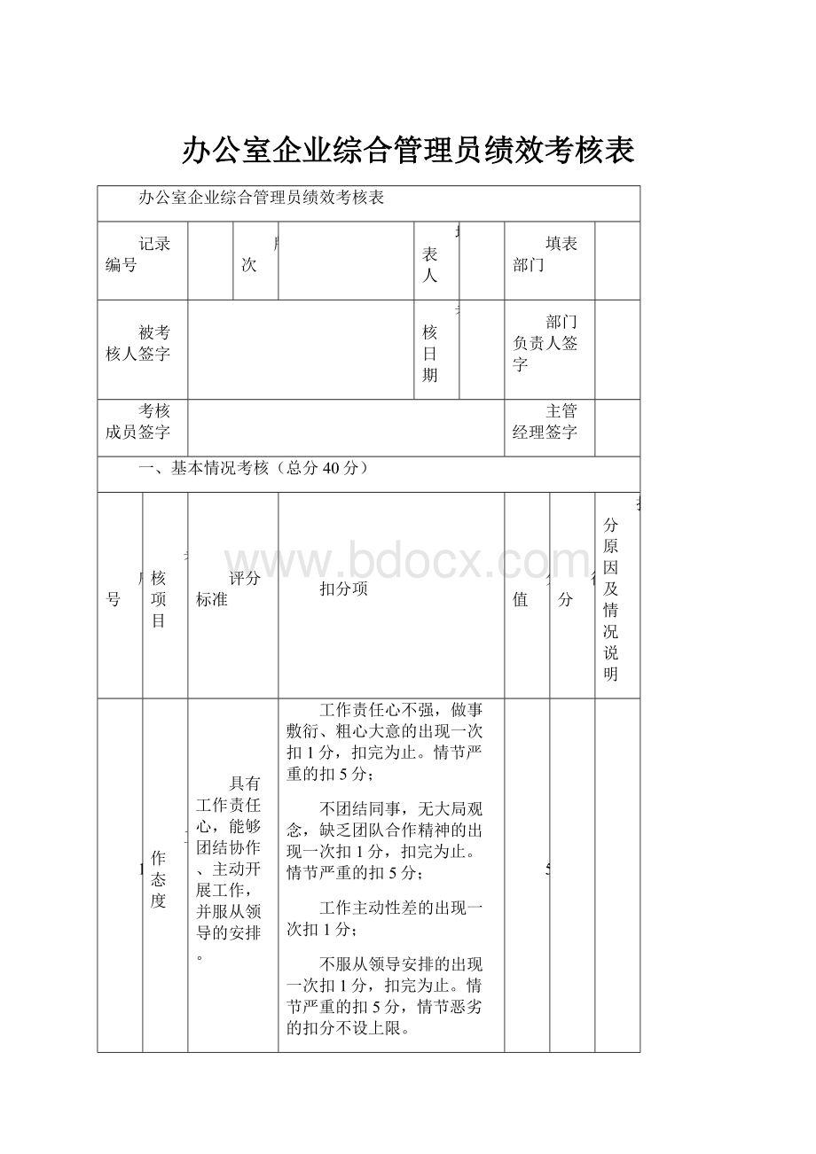 办公室企业综合管理员绩效考核表.docx_第1页