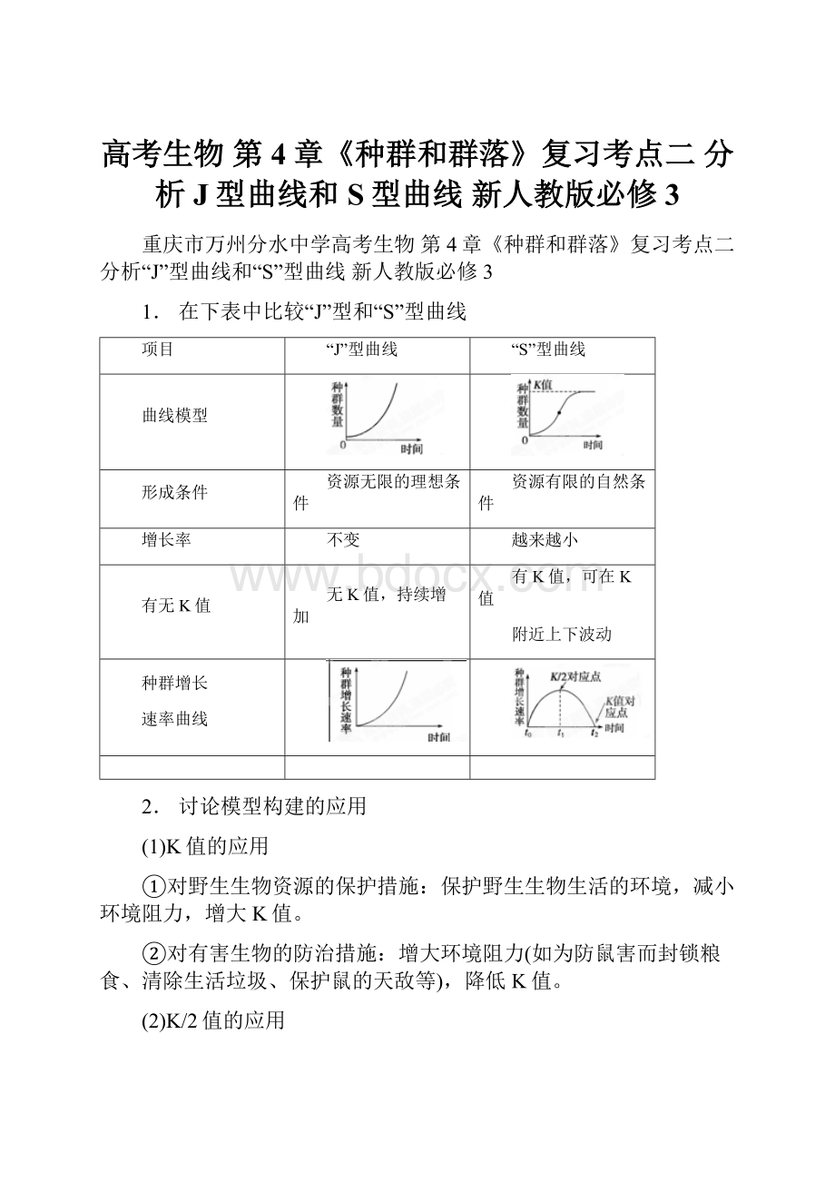 高考生物 第4章《种群和群落》复习考点二 分析J型曲线和S型曲线 新人教版必修3.docx