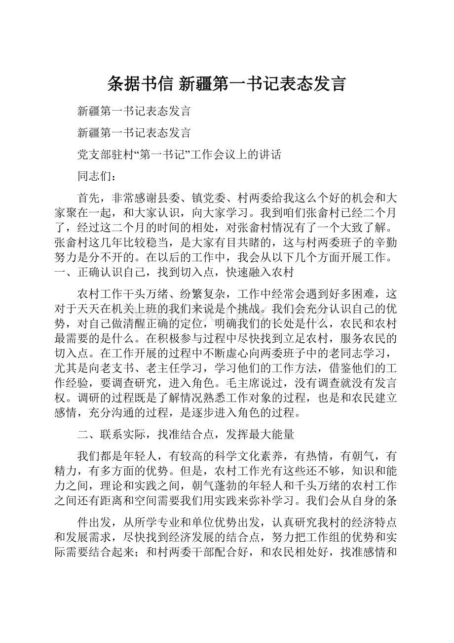 条据书信 新疆第一书记表态发言.docx_第1页