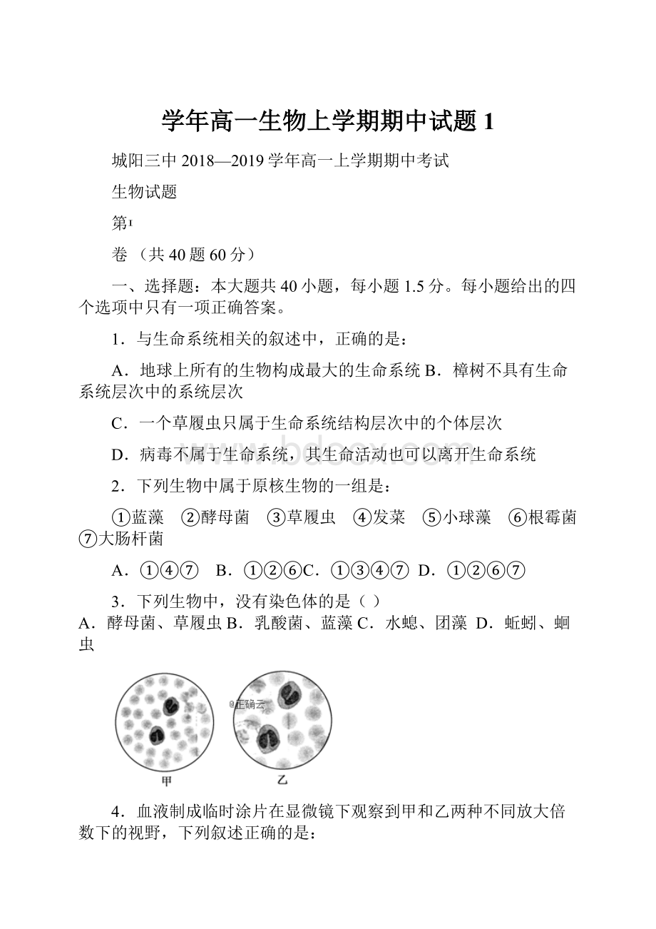 学年高一生物上学期期中试题1.docx