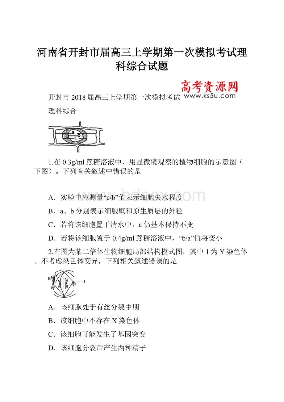 河南省开封市届高三上学期第一次模拟考试理科综合试题.docx_第1页