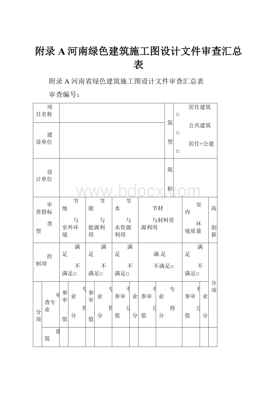 附录A河南绿色建筑施工图设计文件审查汇总表.docx