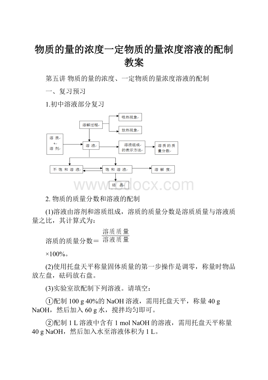 物质的量的浓度一定物质的量浓度溶液的配制 教案.docx_第1页