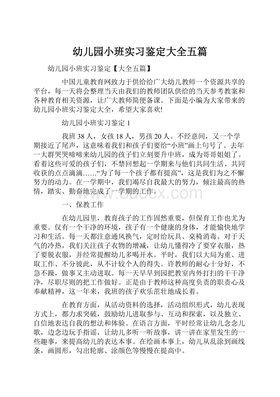 幼儿园小班实习鉴定大全五篇.docx_第1页