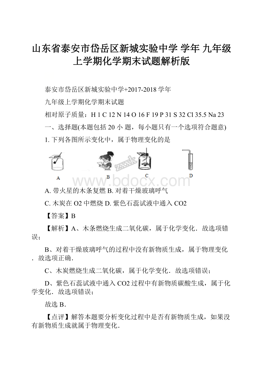 山东省泰安市岱岳区新城实验中学 学年 九年级上学期化学期末试题解析版.docx