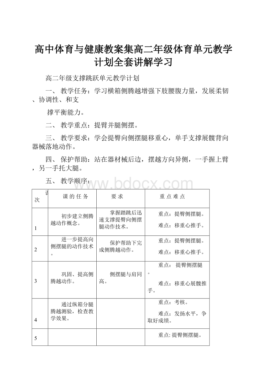 高中体育与健康教案集高二年级体育单元教学计划全套讲解学习.docx_第1页