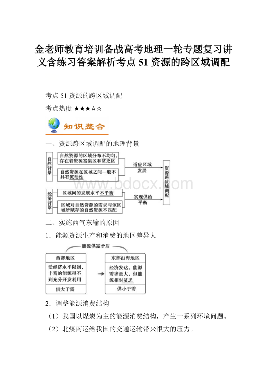 金老师教育培训备战高考地理一轮专题复习讲义含练习答案解析考点51 资源的跨区域调配.docx_第1页