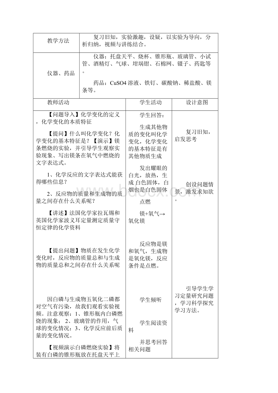 初中化学第五单元课题一质量守恒定律教学设计学情分析教材分析课后反思.docx_第2页