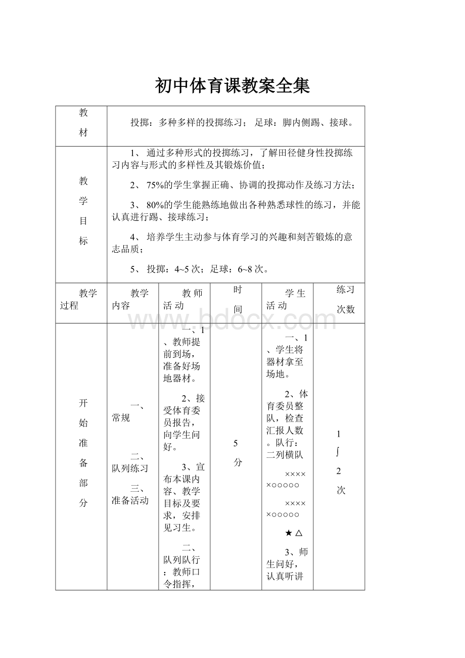 初中体育课教案全集.docx_第1页