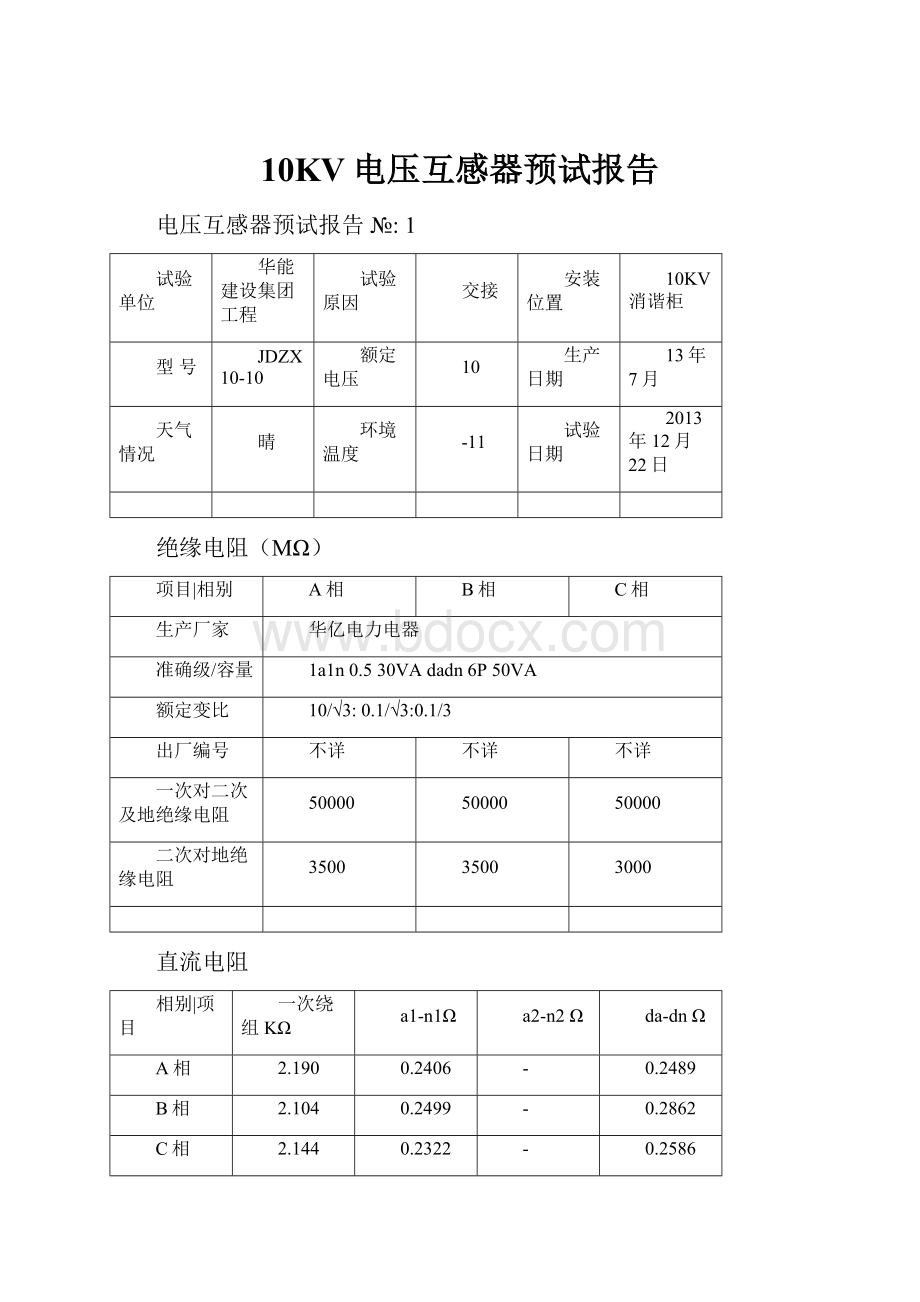 10KV电压互感器预试报告.docx