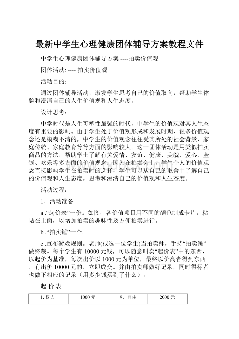 最新中学生心理健康团体辅导方案教程文件.docx