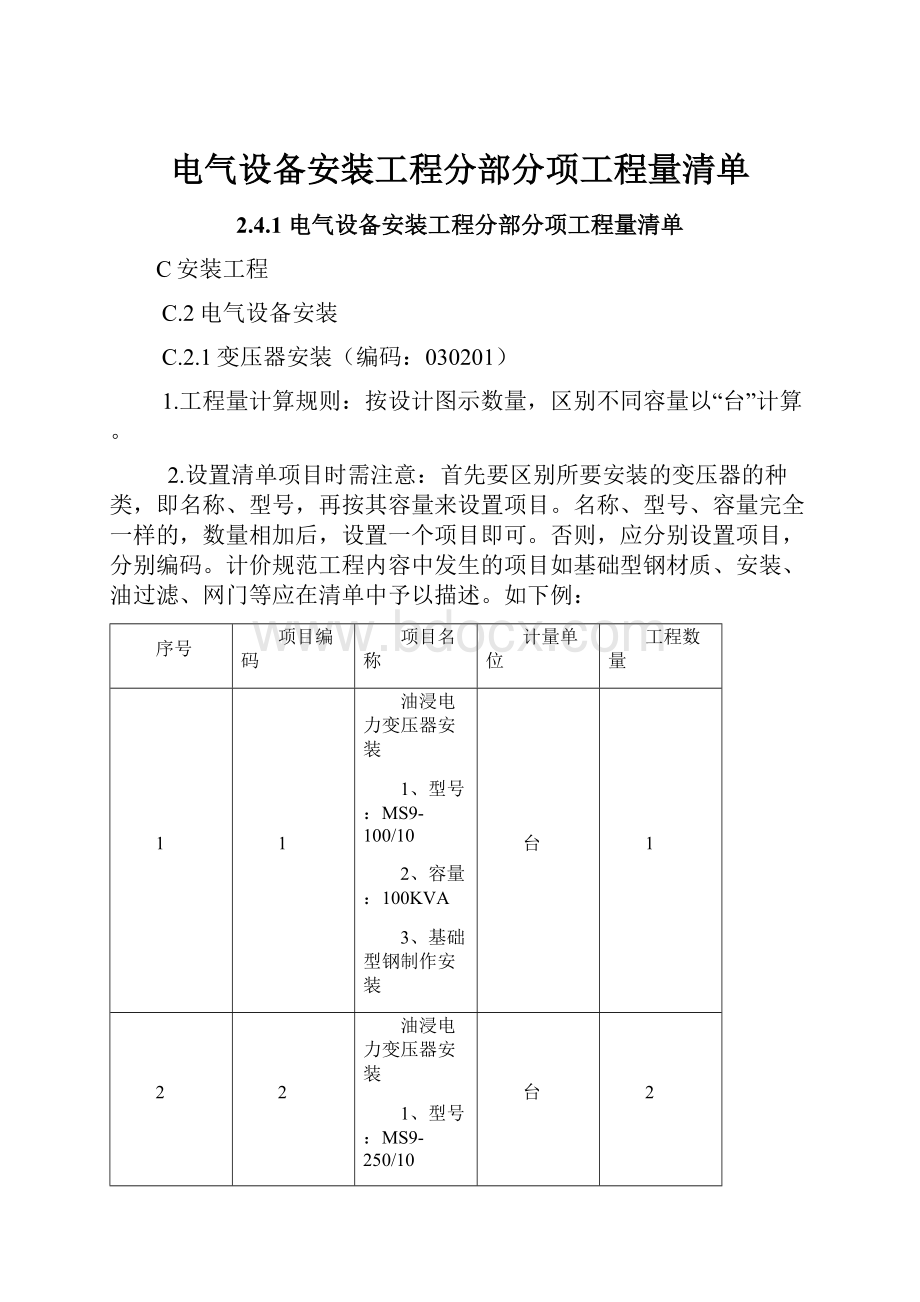 电气设备安装工程分部分项工程量清单.docx