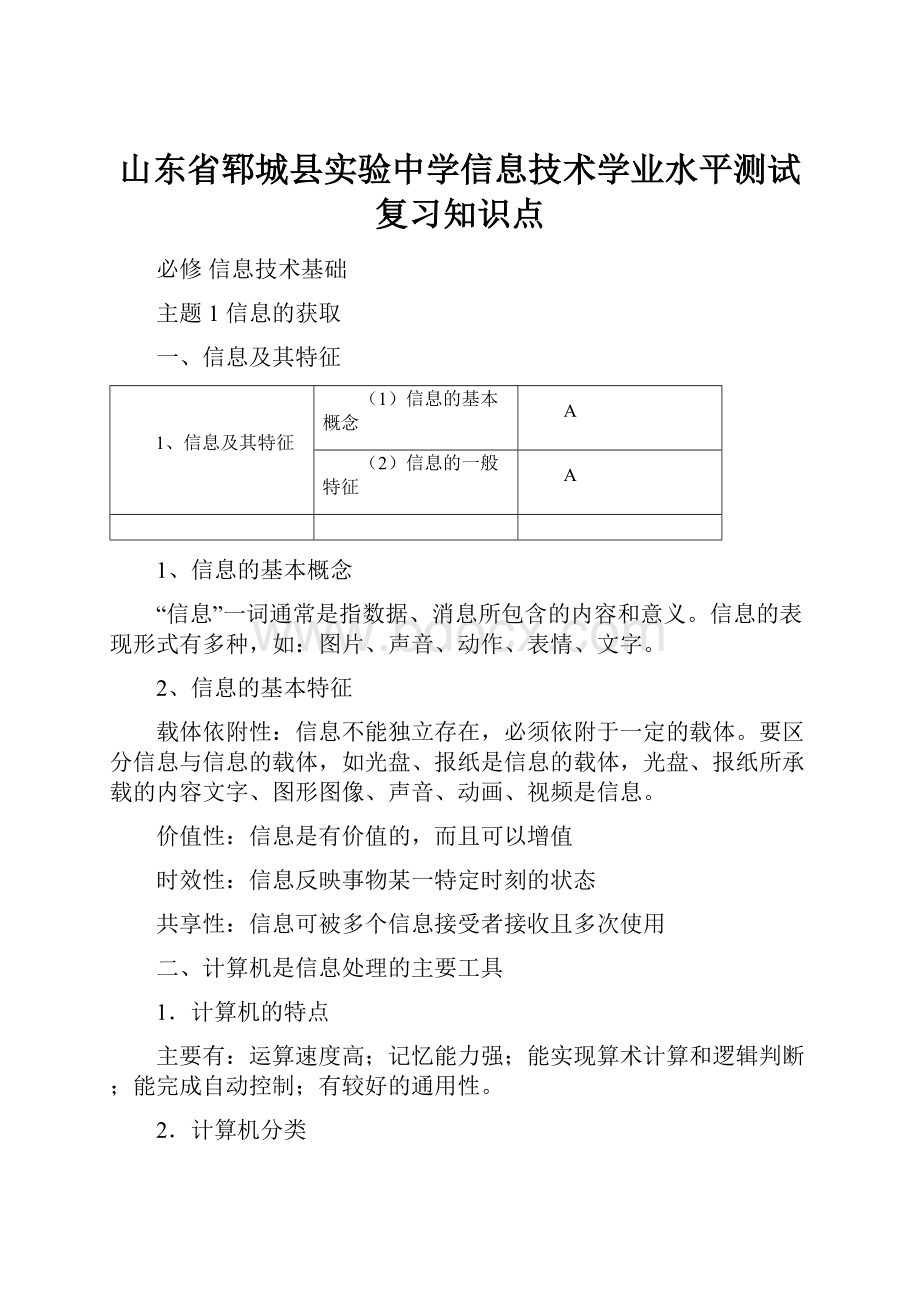 山东省郓城县实验中学信息技术学业水平测试复习知识点.docx_第1页