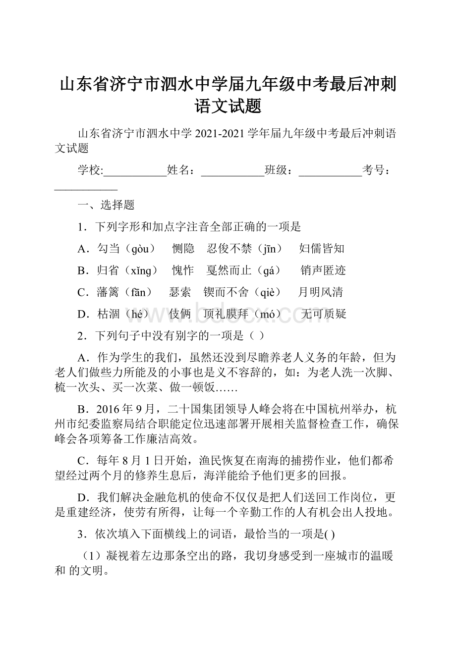 山东省济宁市泗水中学届九年级中考最后冲刺语文试题.docx