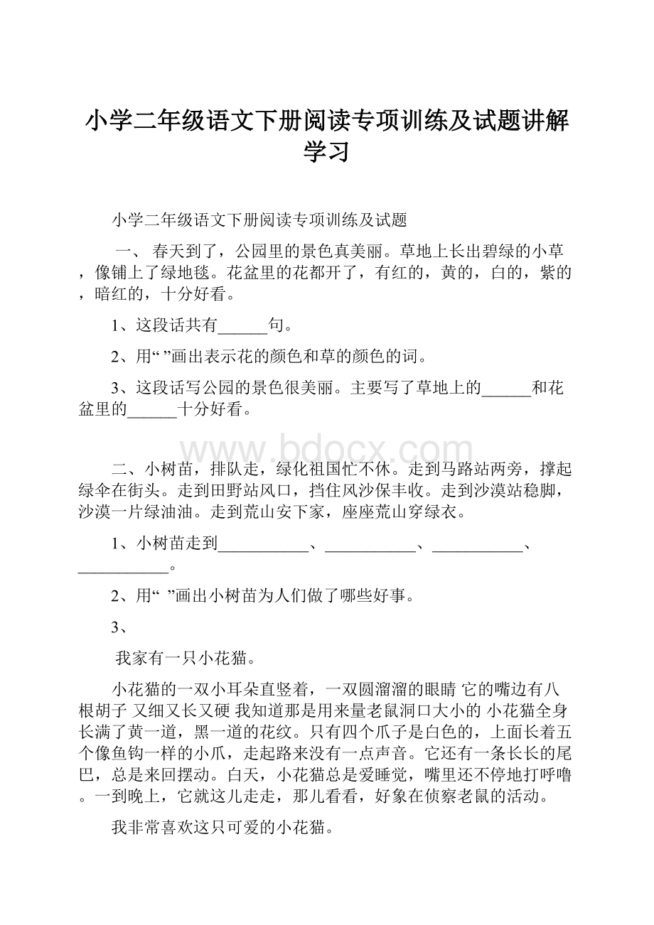 小学二年级语文下册阅读专项训练及试题讲解学习.docx