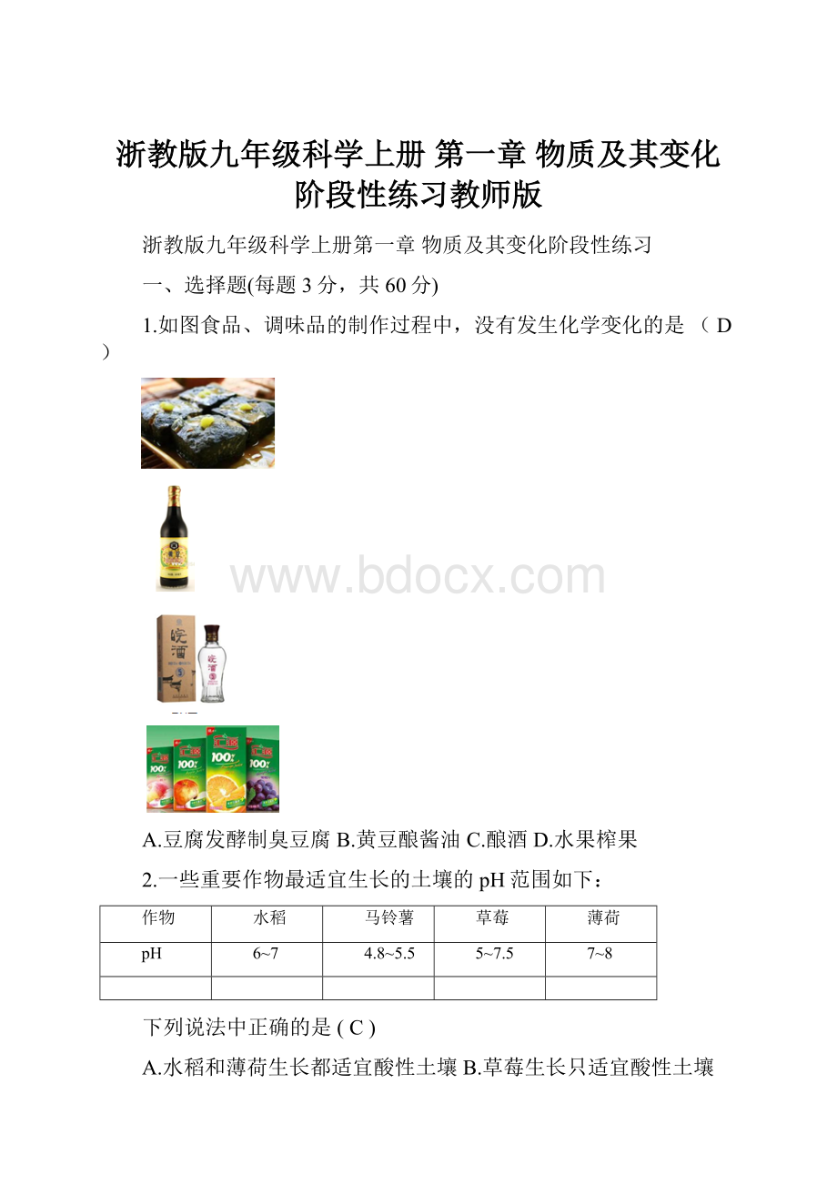 浙教版九年级科学上册 第一章 物质及其变化 阶段性练习教师版.docx