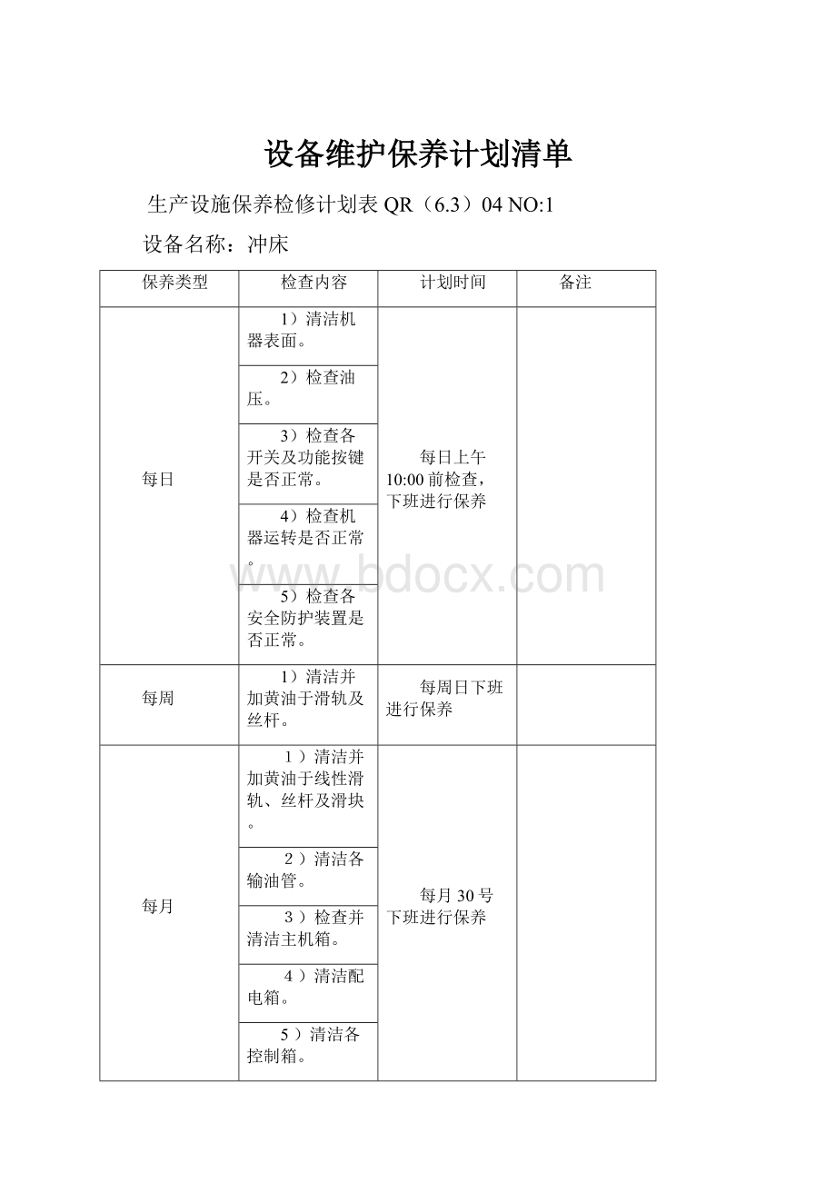 设备维护保养计划清单.docx_第1页