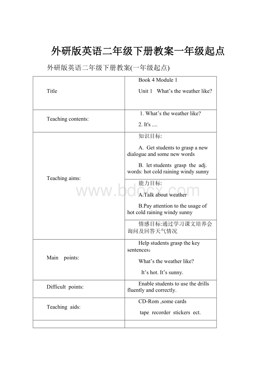 外研版英语二年级下册教案一年级起点.docx_第1页