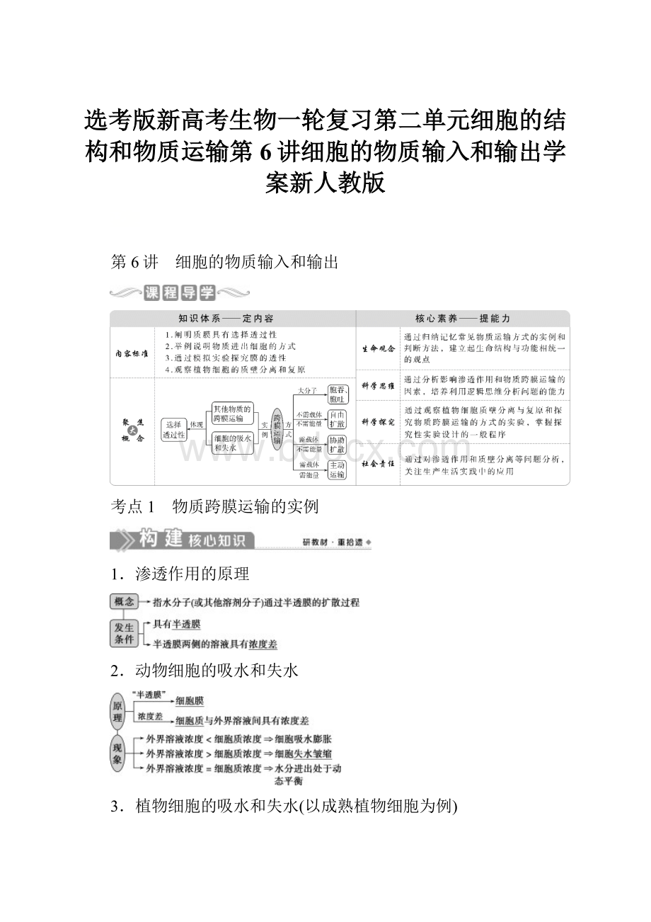 选考版新高考生物一轮复习第二单元细胞的结构和物质运输第6讲细胞的物质输入和输出学案新人教版.docx