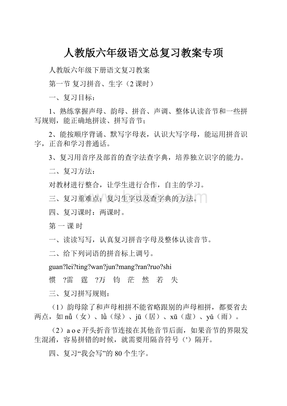 人教版六年级语文总复习教案专项.docx