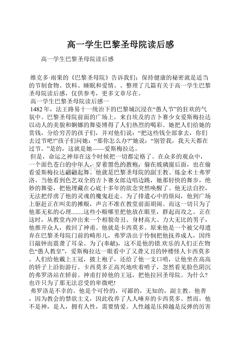 高一学生巴黎圣母院读后感.docx