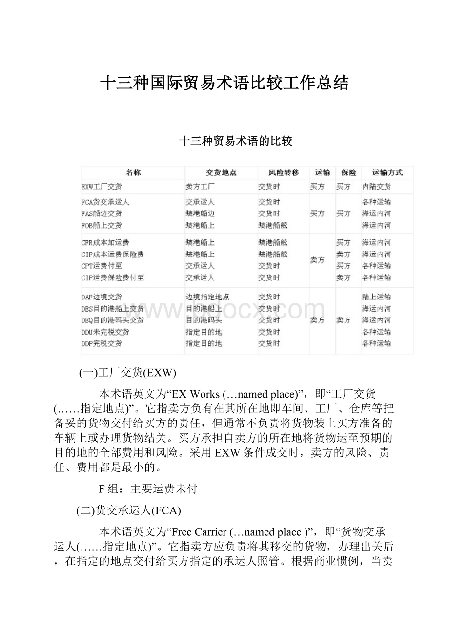 十三种国际贸易术语比较工作总结.docx