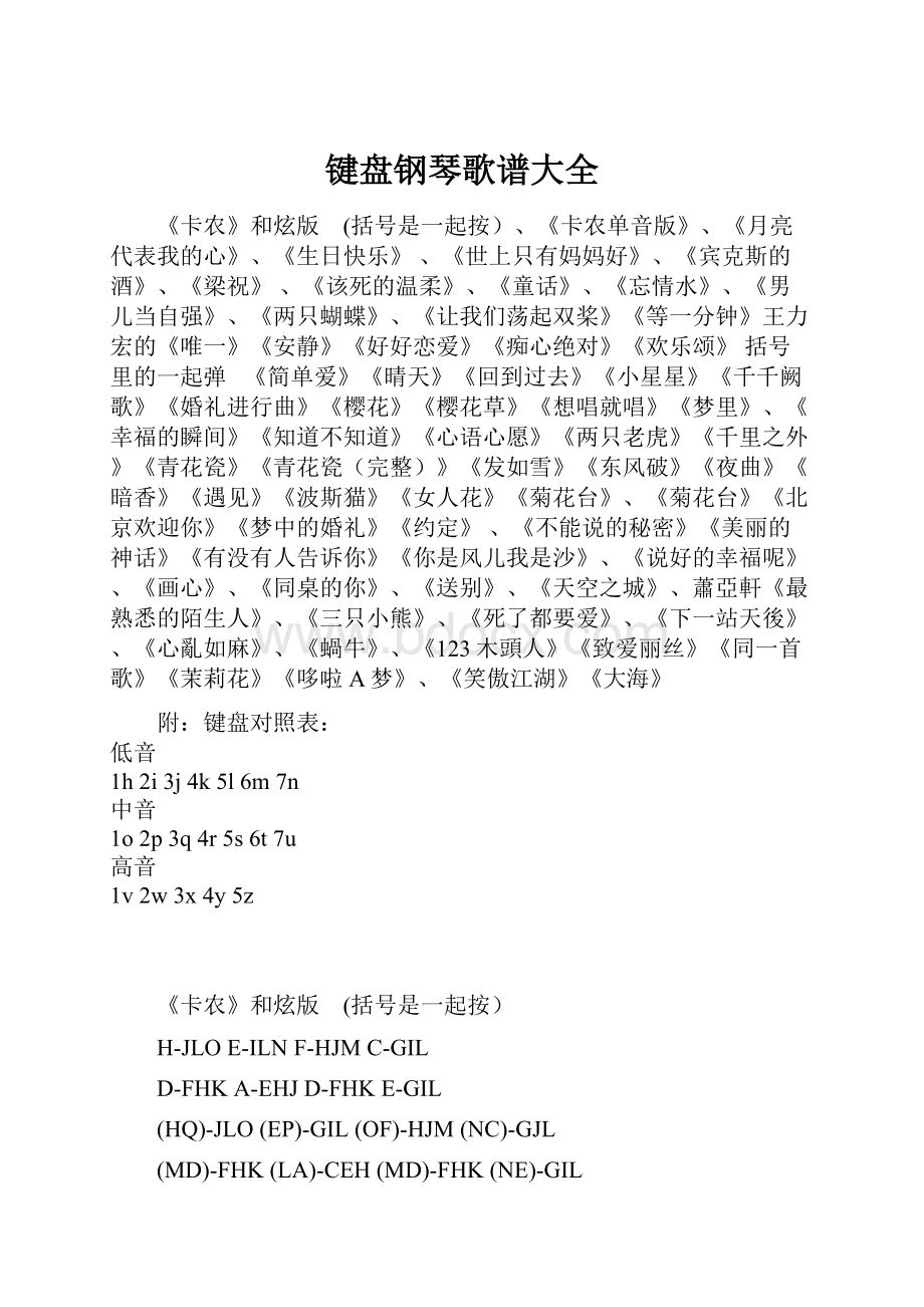 键盘钢琴歌谱大全.docx