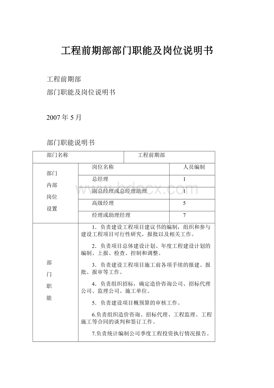 工程前期部部门职能及岗位说明书.docx