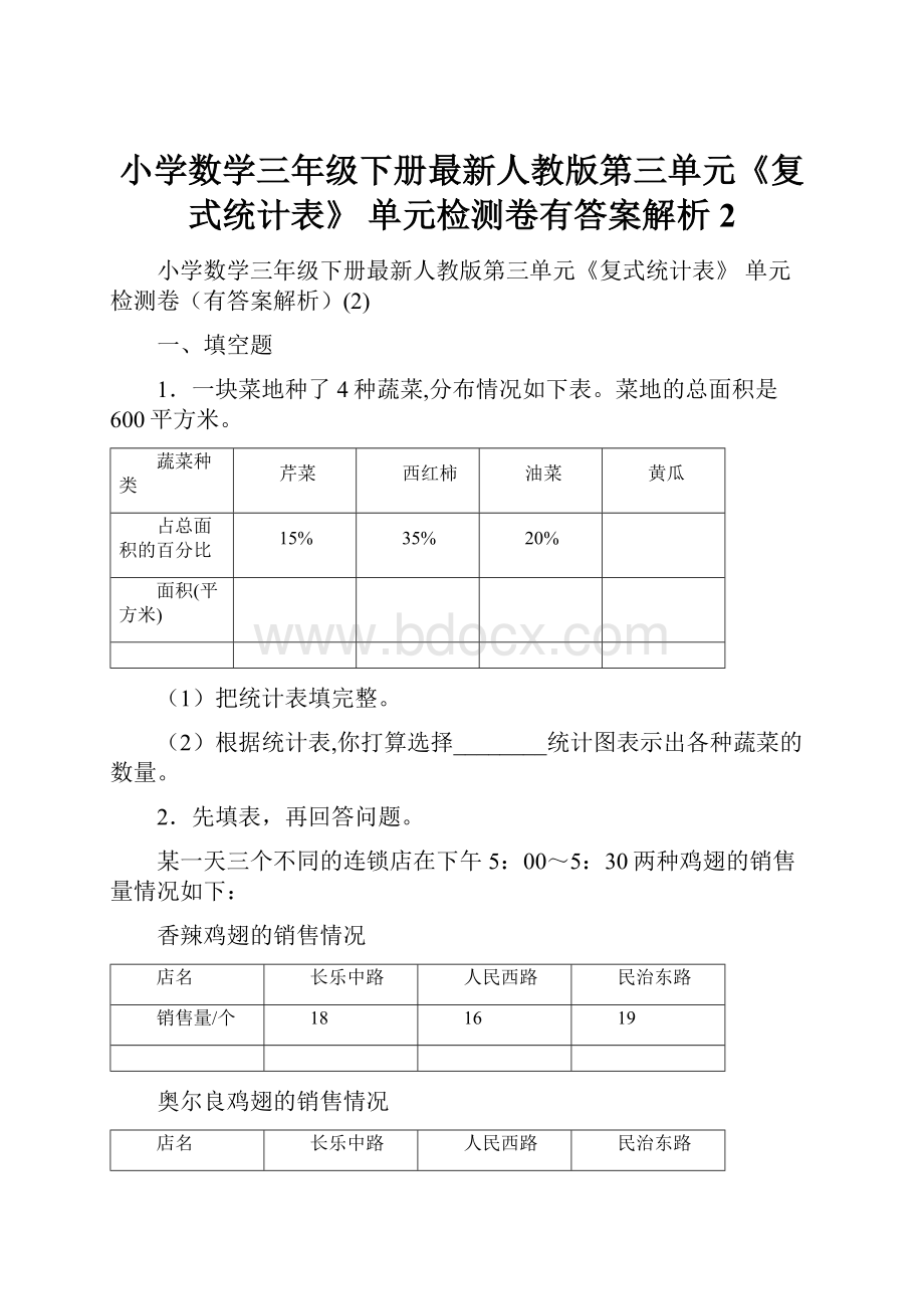 小学数学三年级下册最新人教版第三单元《复式统计表》 单元检测卷有答案解析2.docx_第1页