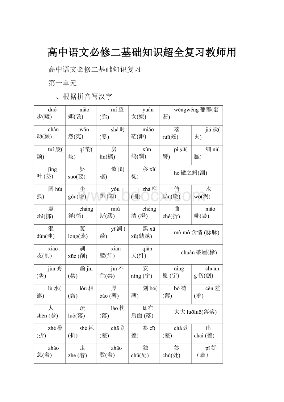 高中语文必修二基础知识超全复习教师用.docx