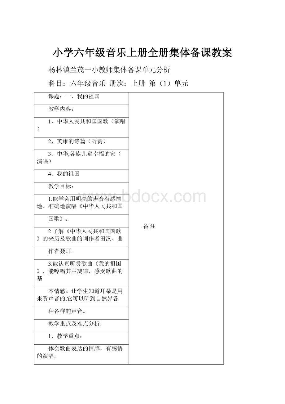 小学六年级音乐上册全册集体备课教案.docx_第1页