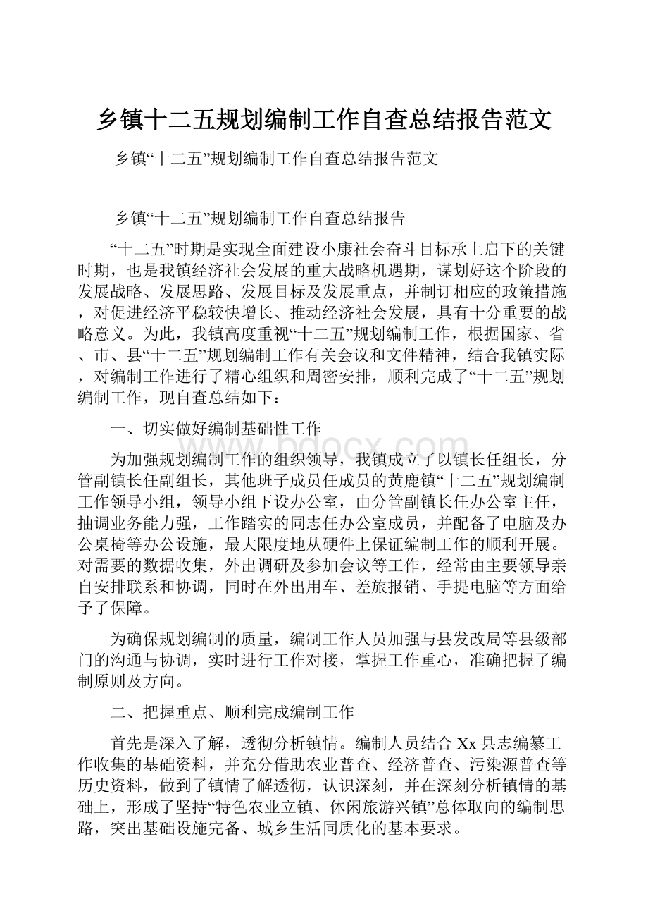 乡镇十二五规划编制工作自查总结报告范文.docx