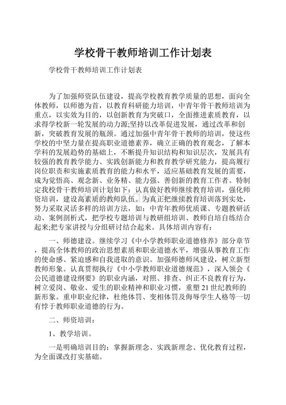 学校骨干教师培训工作计划表.docx_第1页