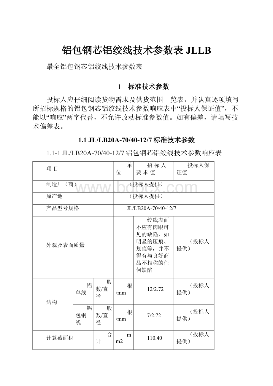 铝包钢芯铝绞线技术参数表 JLLB.docx