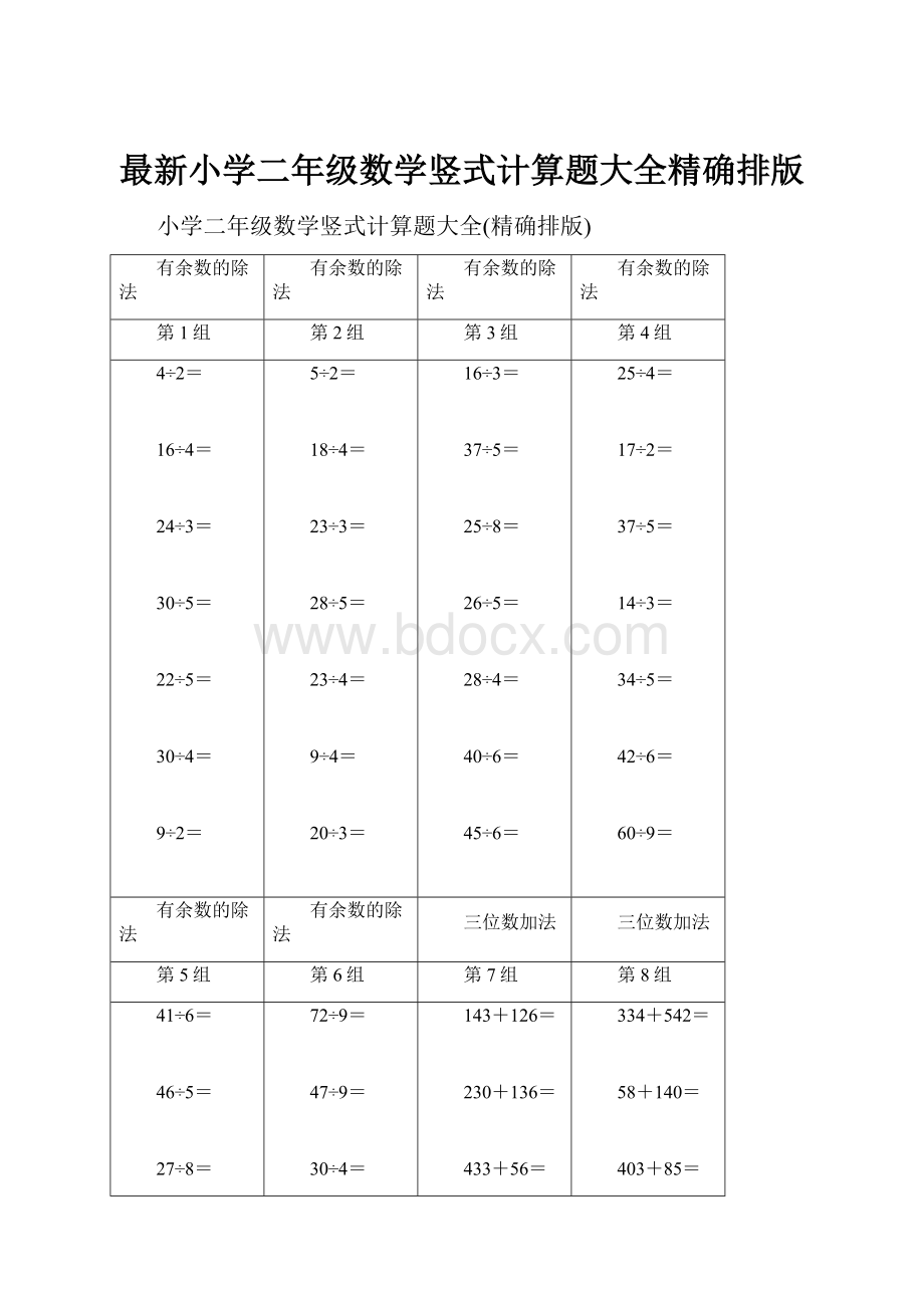 最新小学二年级数学竖式计算题大全精确排版.docx_第1页