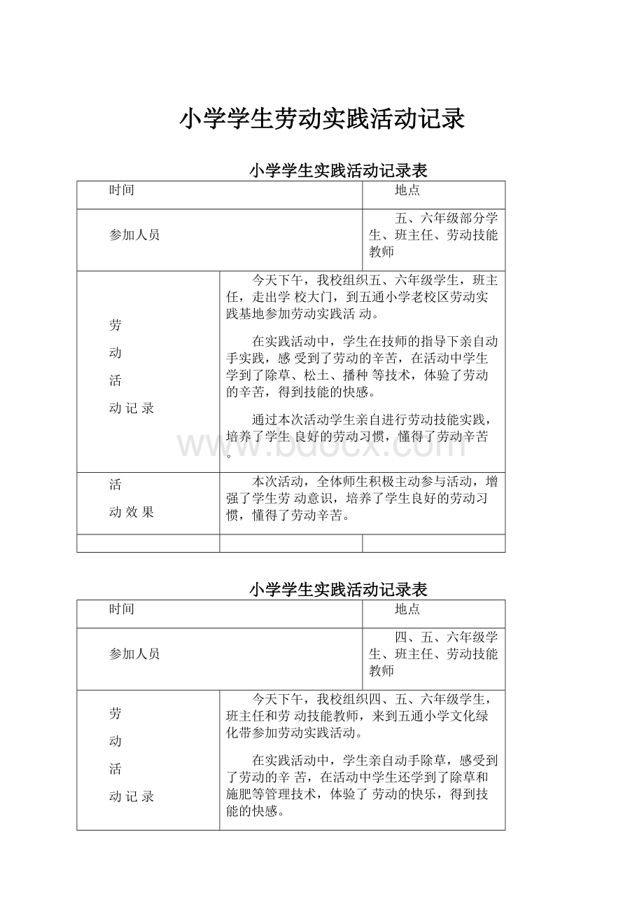 小学学生劳动实践活动记录.docx