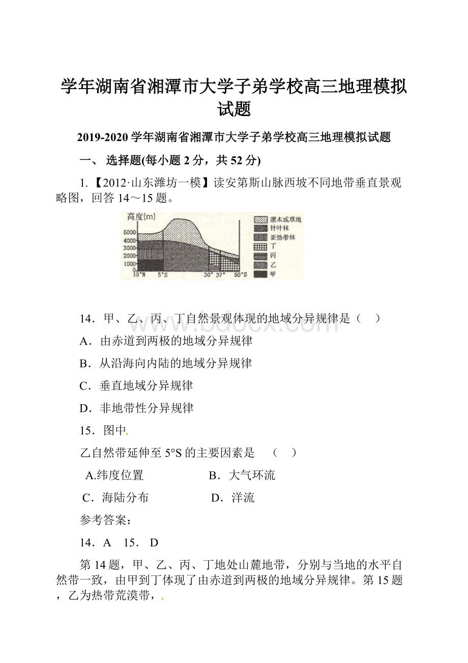 学年湖南省湘潭市大学子弟学校高三地理模拟试题.docx