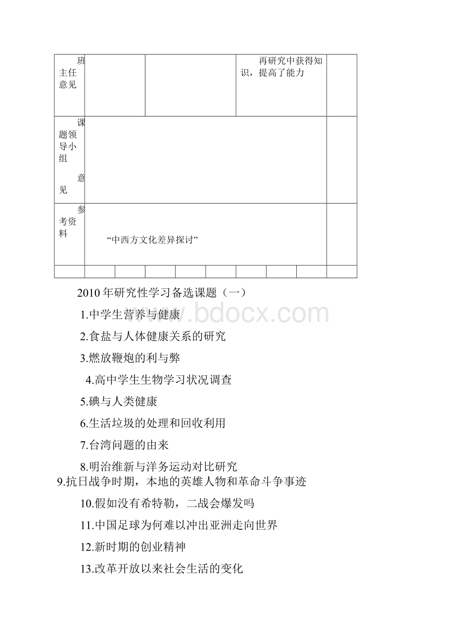 张家口研究性学习课题研究情况资料含一览表参考题目评价表等.docx_第3页