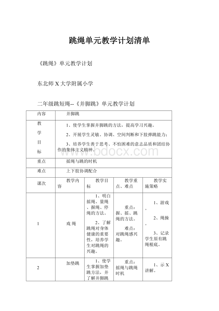 跳绳单元教学计划清单.docx_第1页