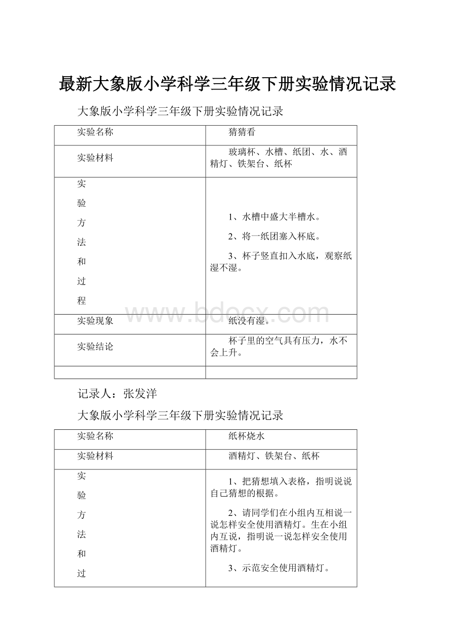 最新大象版小学科学三年级下册实验情况记录.docx_第1页