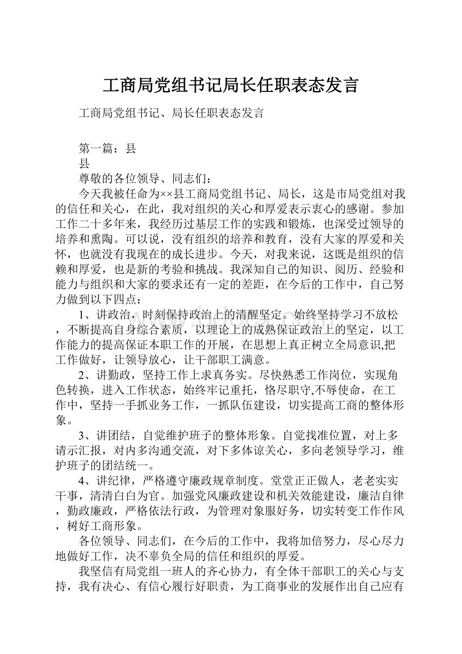 工商局党组书记局长任职表态发言.docx