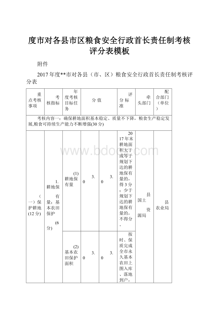 度市对各县市区粮食安全行政首长责任制考核评分表模板.docx_第1页