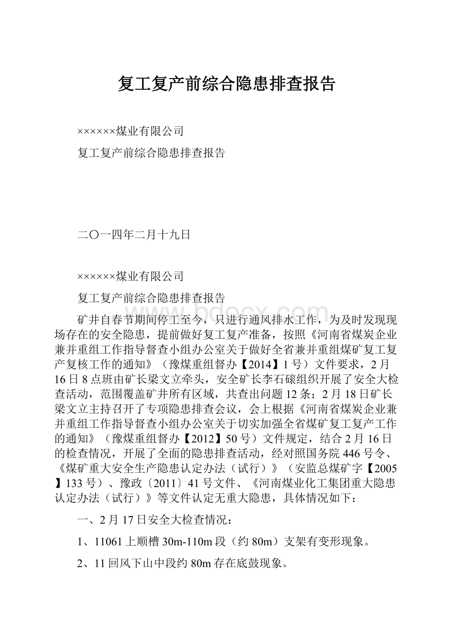 复工复产前综合隐患排查报告.docx_第1页