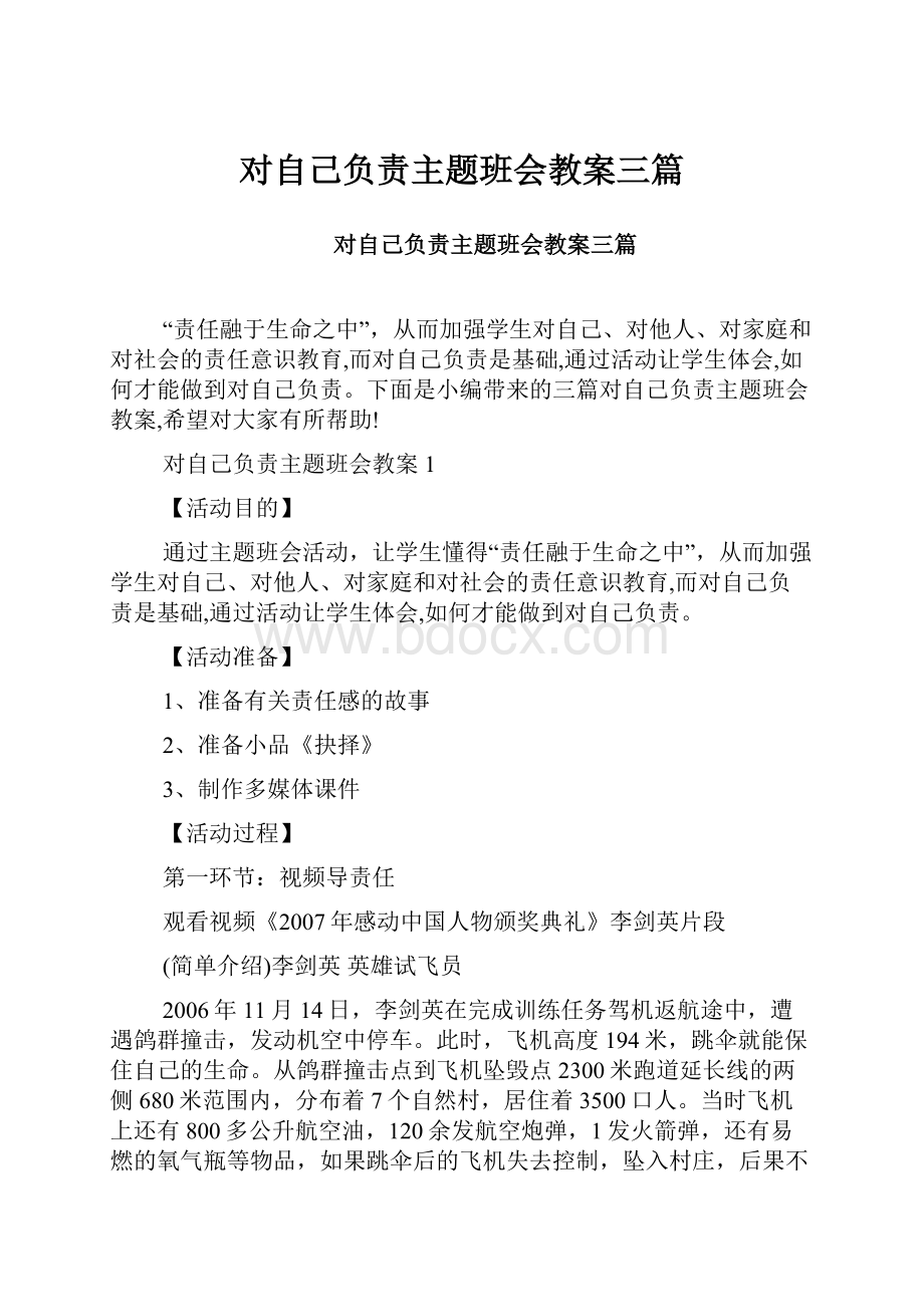 对自己负责主题班会教案三篇.docx