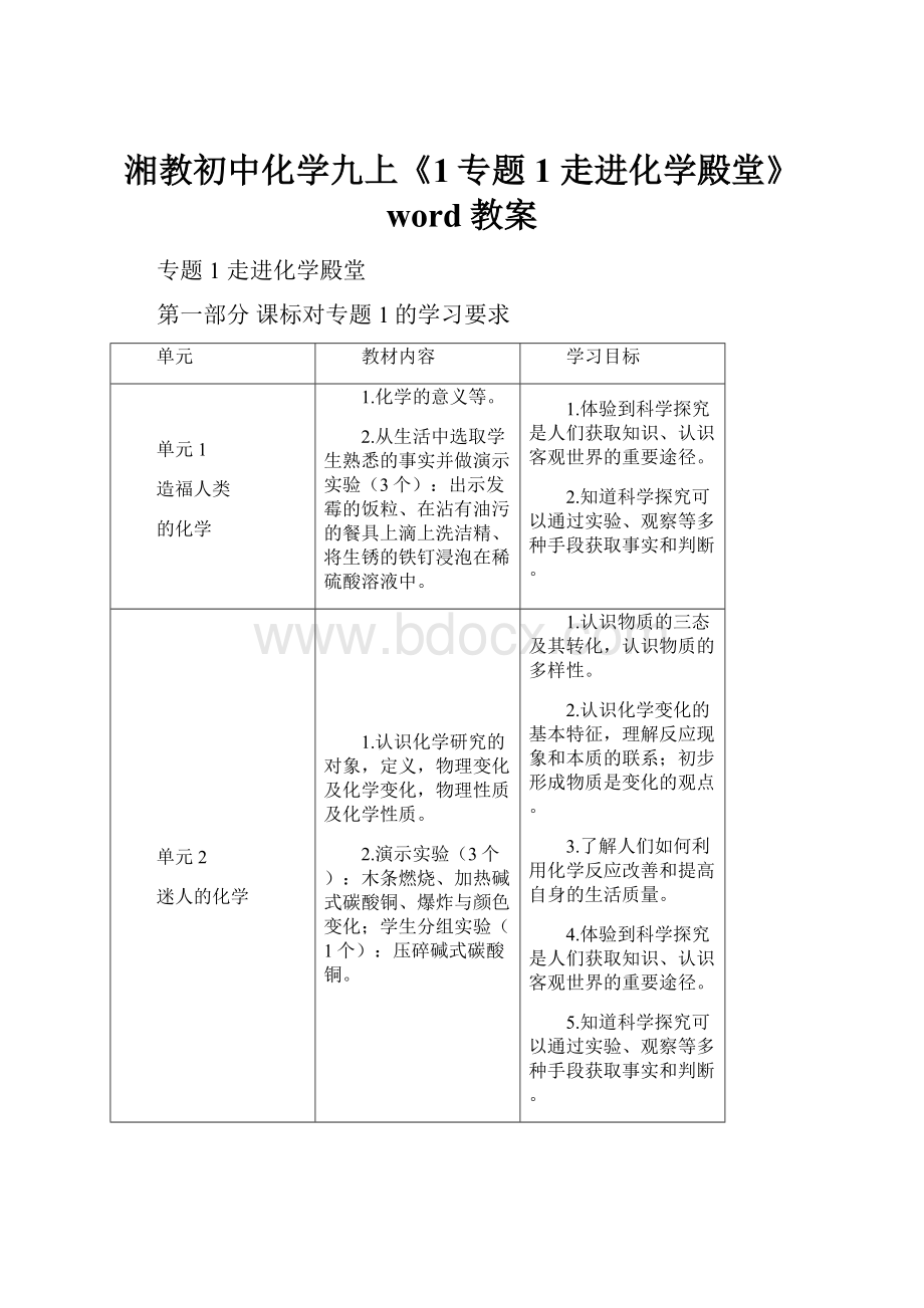 湘教初中化学九上《1专题1 走进化学殿堂》word教案.docx_第1页