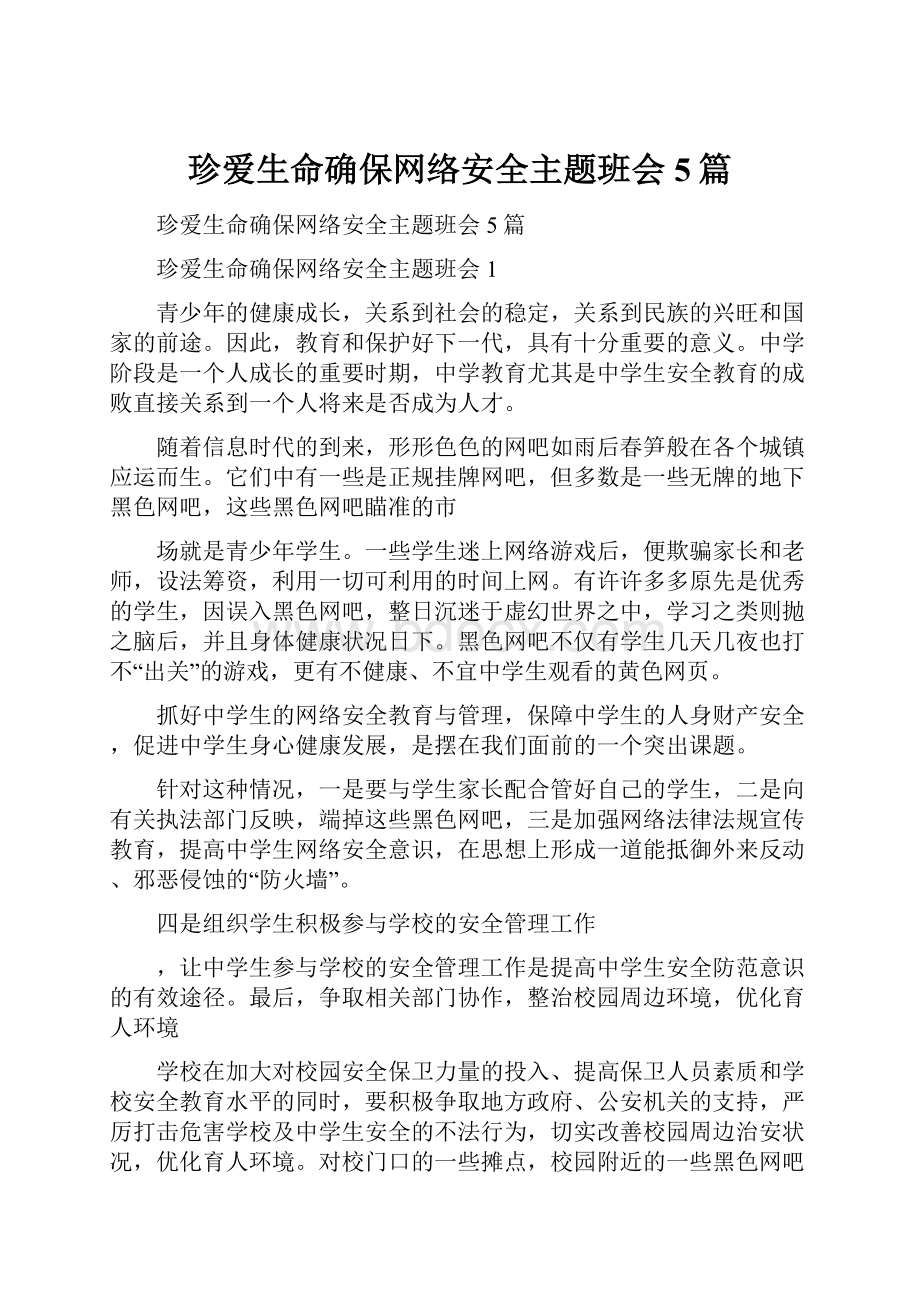 珍爱生命确保网络安全主题班会5篇.docx