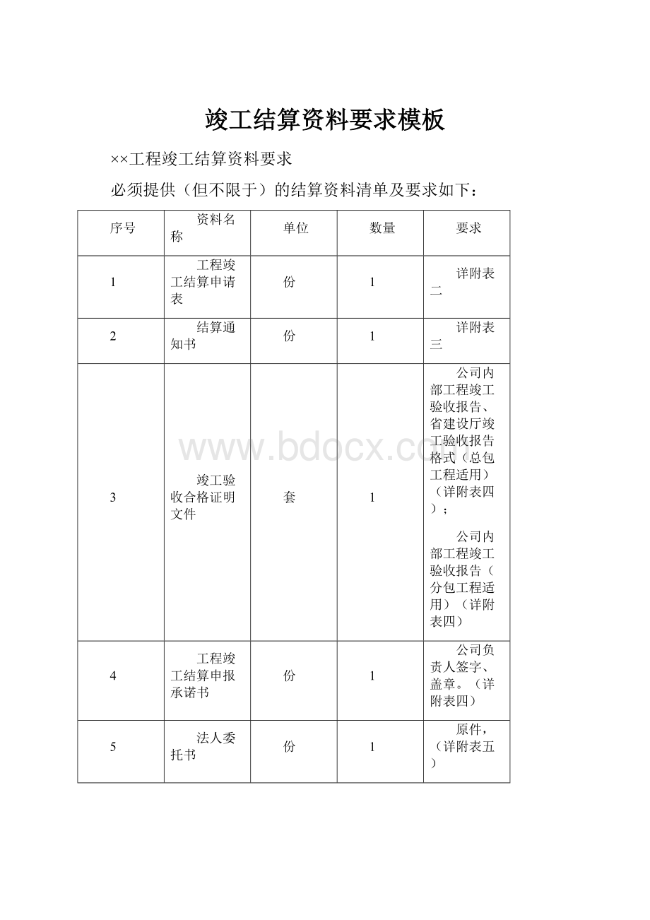 竣工结算资料要求模板.docx