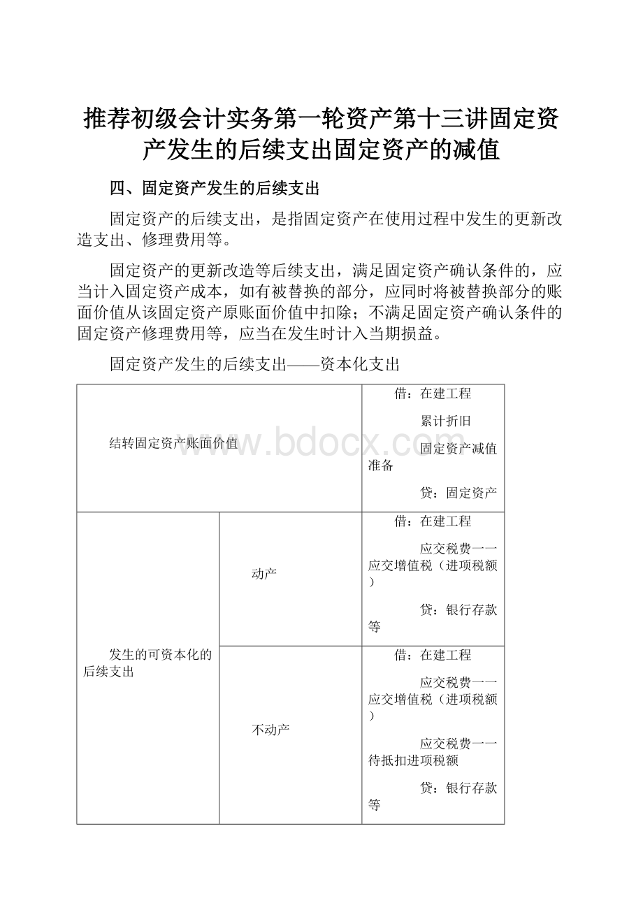 推荐初级会计实务第一轮资产第十三讲固定资产发生的后续支出固定资产的减值.docx_第1页