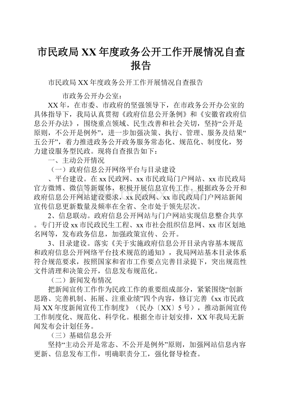 市民政局XX年度政务公开工作开展情况自查报告.docx_第1页